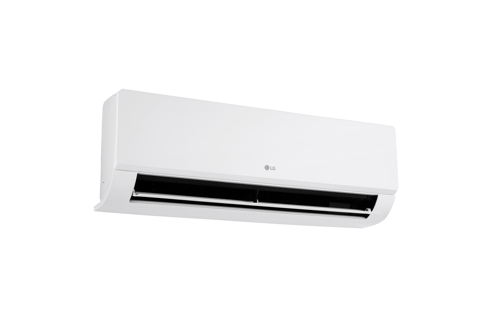 Vista frontale a bassa angolazione da destra del climatizzatore monosplit LG DUALCOOL Libero Smart con aletta inferiore aperta.
