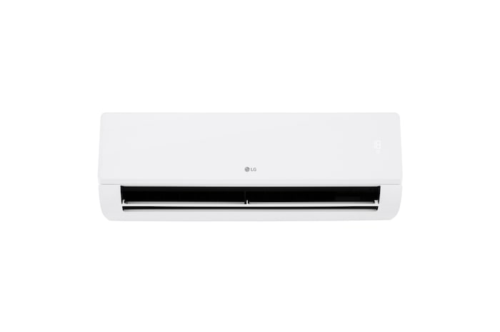 Vista frontale a bassa angolazione del climatizzatore monosplit LG DUALCOOL Libero Smart con aletta inferiore aperta.