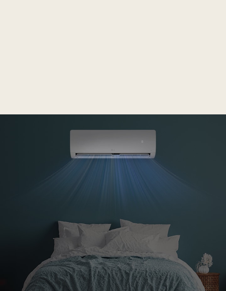 Immagine che mostra il flusso d’aria del condizionatore sopra un letto, illustrando la circolazione dell’aria fresca nella parte superiore dell’ambiente.