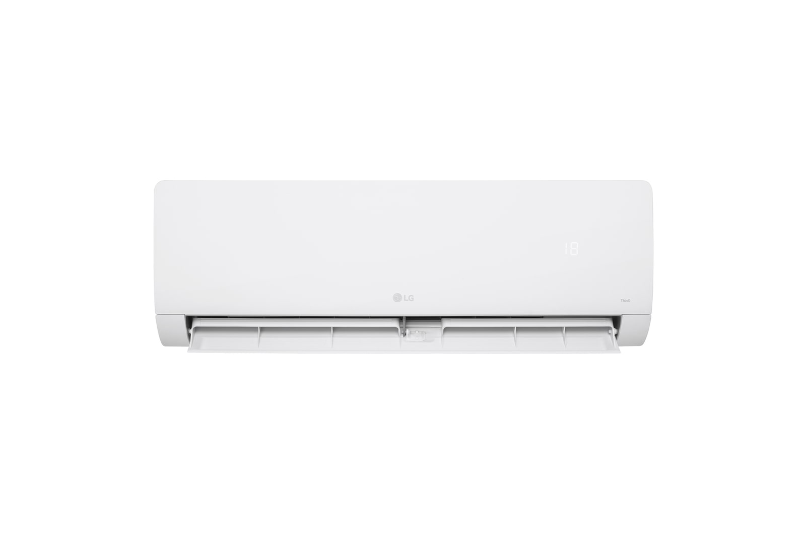 Vista frontale del condizionatore LG Libero Monosplit con aletta inferiore aperta.
