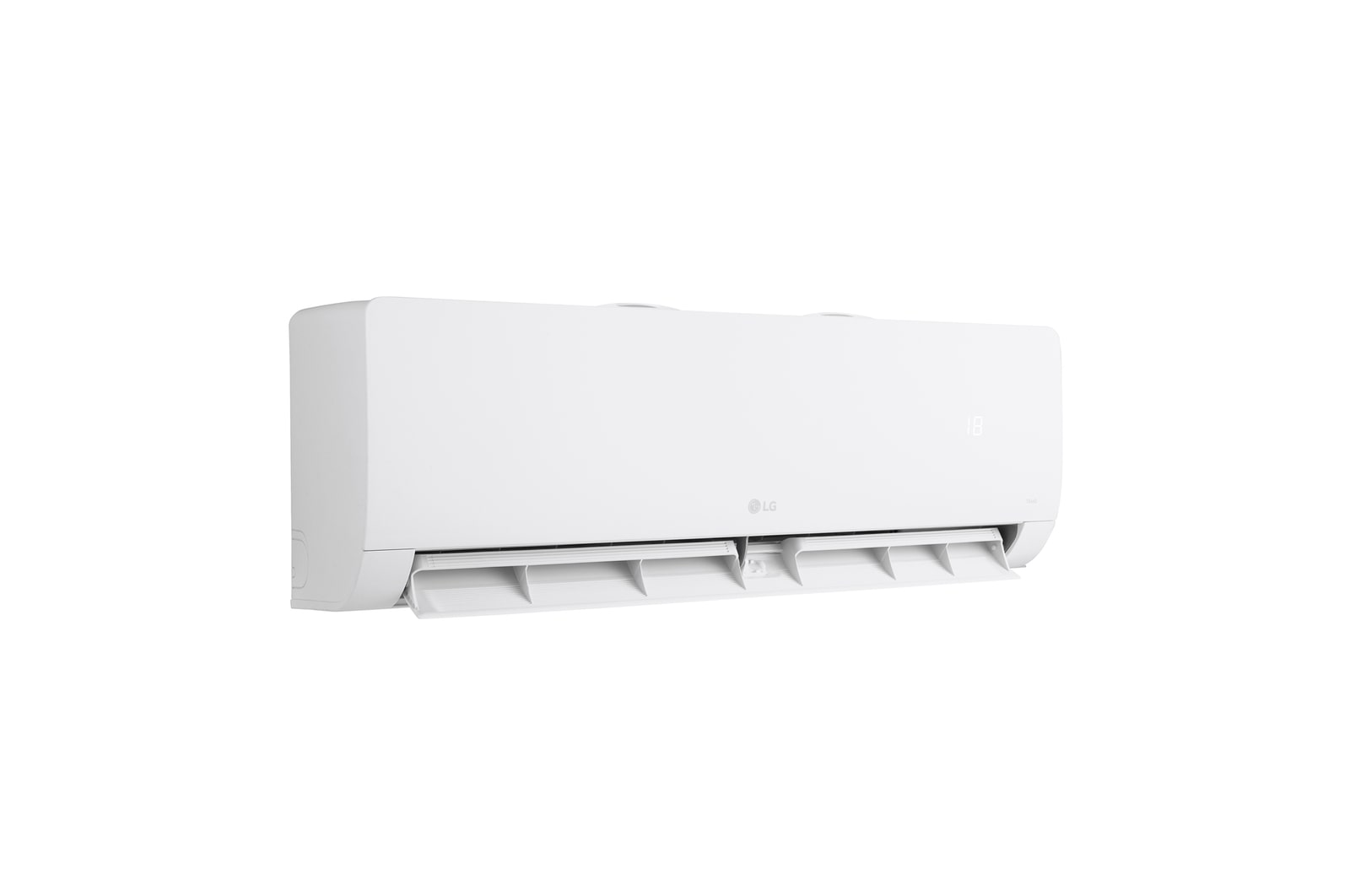 Vista laterale destra del condizionatore LG Libero Monosplit con aletta inferiore aperta.