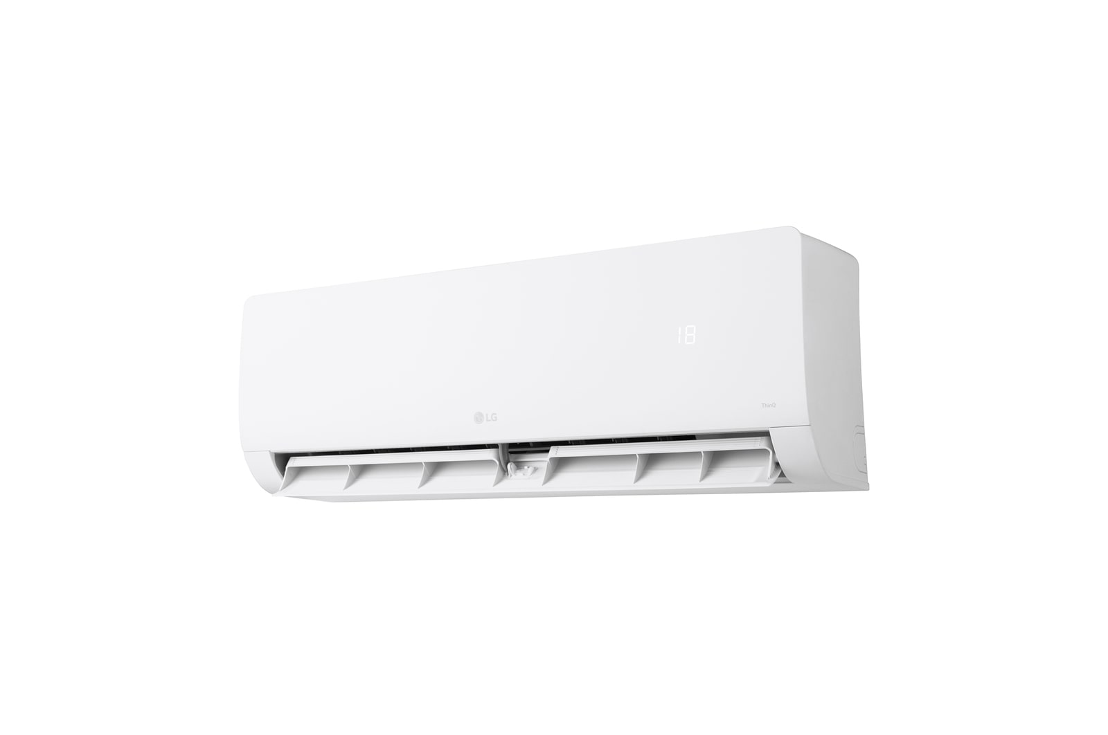 Vista frontale a bassa angolazione da sinistra del condizionatore LG Libero Monosplit con aletta inferiore aperta.