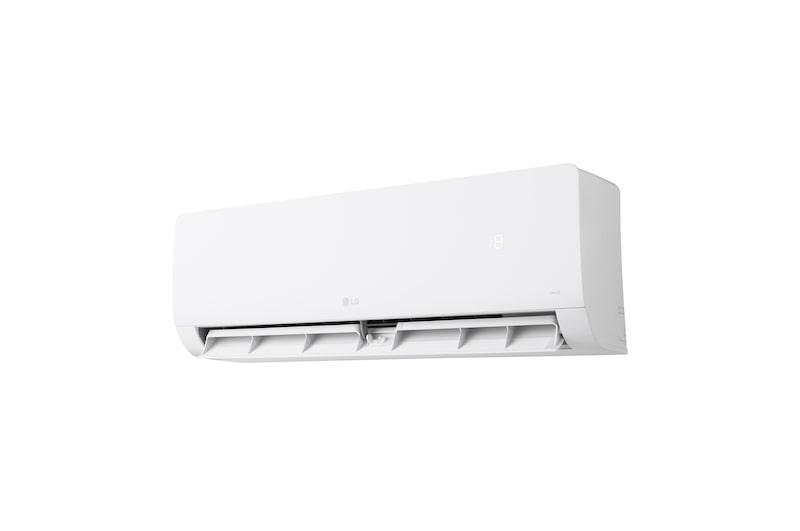 Vista frontale a bassa angolazione da sinistra del condizionatore LG Libero Monosplit con aletta inferiore aperta.