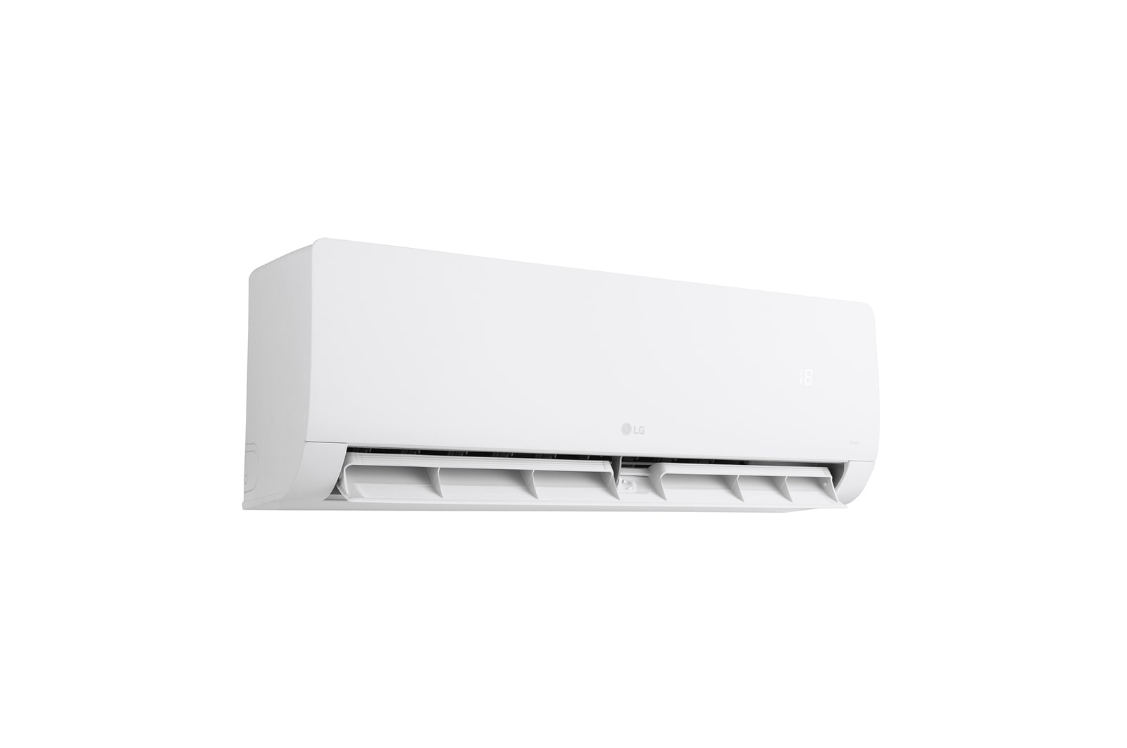 Vista laterale destra del condizionatore LG Libero Monosplit con aletta inferiore aperta.