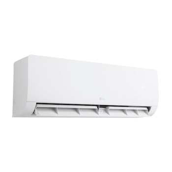 Vista frontale a bassa angolazione da destra del condizionatore LG Libero Monosplit con aletta inferiore aperta.