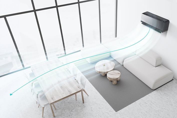 Woonkamer met LG airconditioner die dual vane gebruikt om de luchtstroom efficiënter over de eet- en bankzones te verdelen.
