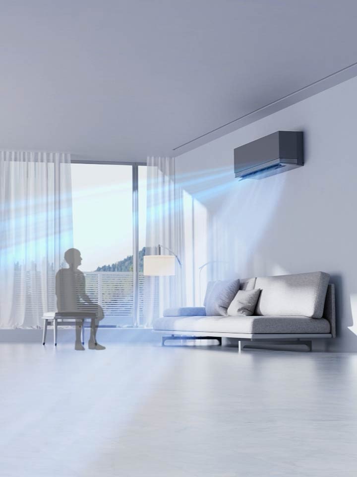 LG airconditioner met AI Air voelt de kamertemperatuur en de locatie van de persoon aan, en past de luchtstroom aan om de ingestelde temperatuur te behouden.