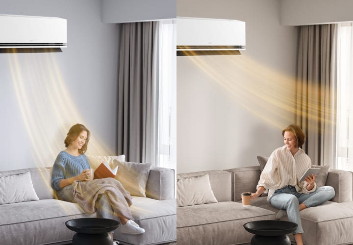 Una donna usa il riscaldamento con IA del condizionatore LG con un flusso d’aria calda personalizzato per il massimo comfort.