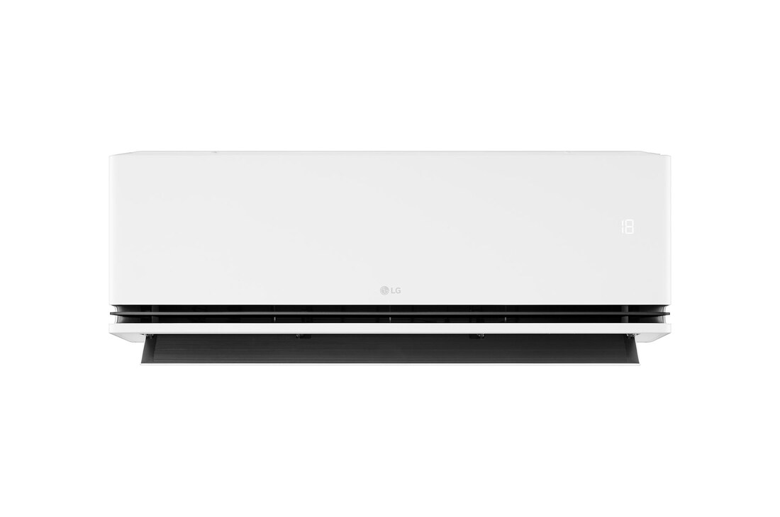 Illustration of LG AI Air technology in a living room with a wall-mounted air conditioner. The system adjusts airflow by sensing room temperature and user location. The accompanying text reads: 'AI Air with LG ThinQ: AI Air senses room temperature and adjusts airflow based on your location for comfort.'