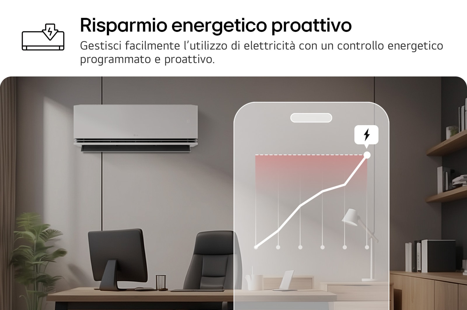 Climatizzatori LG con la funzionalità del Controllo proattivo della capacità. Uno smartphone mostra un grafico energetico con un allarme rosso, per gestire il raffreddamento e i limiti. Testo: “Controllo proattivo della capacità. Il controllo smart aiuta a gestire il raffreddamento e imposta limiti energetici”.
