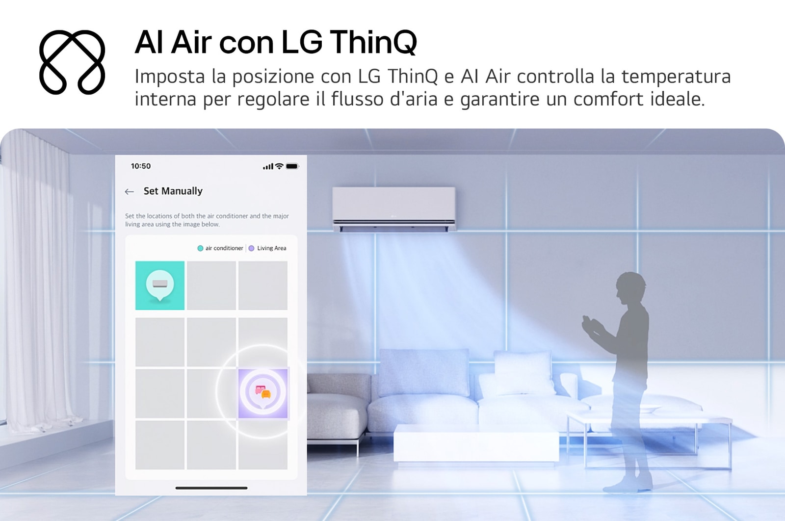 Illustrazione della tecnologia AI Air di LG in salotto con un condizionatore a parete. Il sistema regola il flusso d’aria rilevando la temperatura della stanza e la posizione dell’utente. Il testo di accompagnamento recita: “AI Air con LG ThinQ: AI Air rileva la temperatura ambiente e regola il flusso d’aria in base alla posizione dell’utente per garantire comfort”.