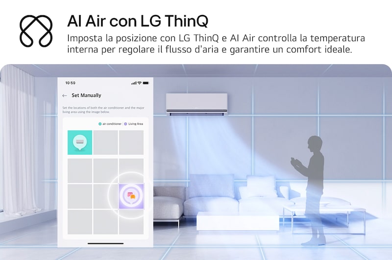 Illustrazione della tecnologia AI Air di LG in salotto con un condizionatore a parete. Il sistema regola il flusso d’aria rilevando la temperatura della stanza e la posizione dell’utente. Il testo di accompagnamento recita: “AI Air con LG ThinQ: AI Air rileva la temperatura ambiente e regola il flusso d’aria in base alla posizione dell’utente per garantire comfort”.