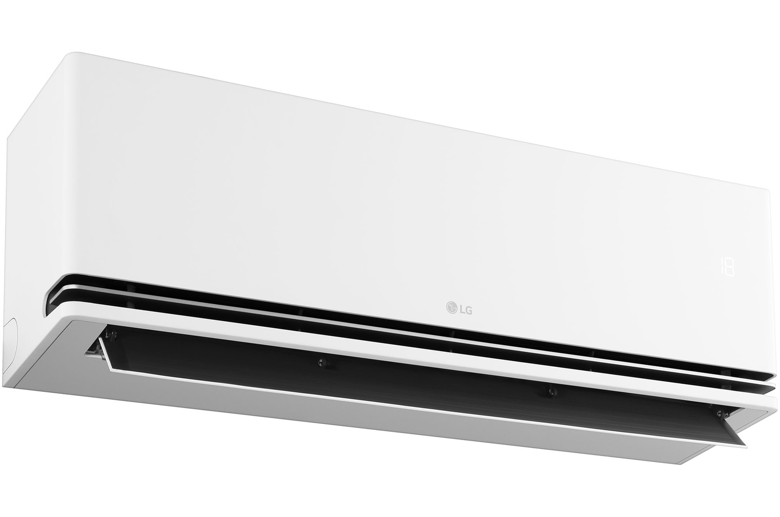 Left low-angle front view of LG ai air conditioner with open lower vane
