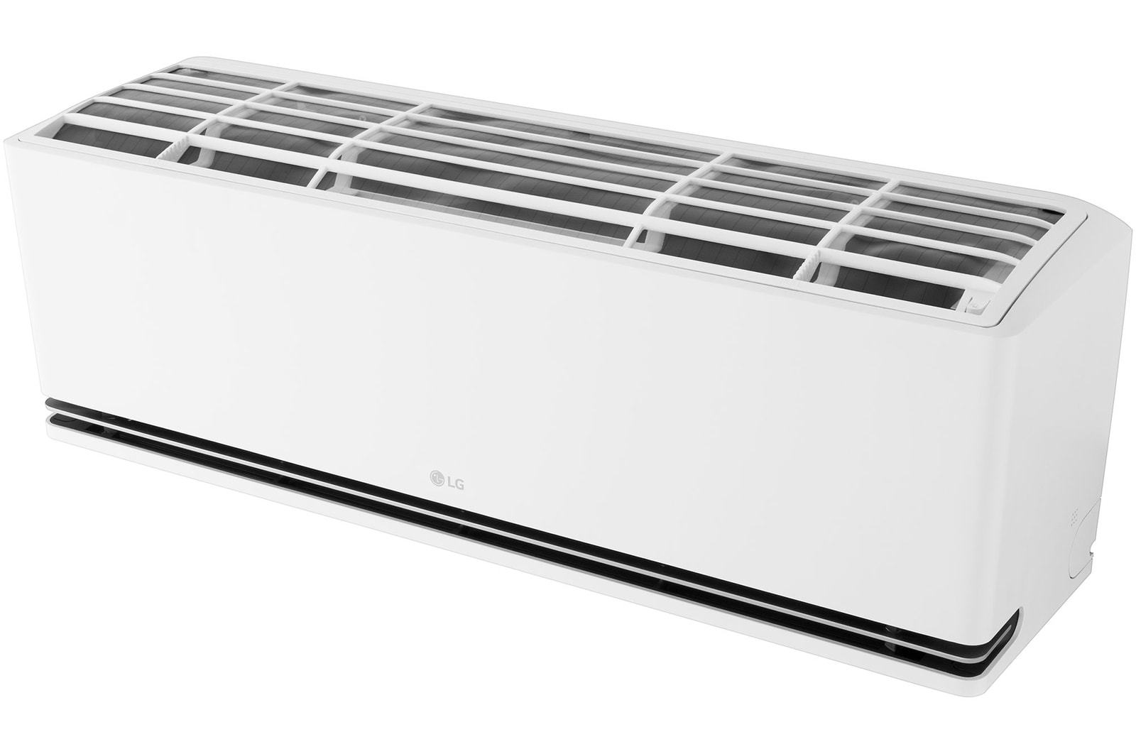 Angled top-front view of LG ai air conditioner with its top panel and grille visible