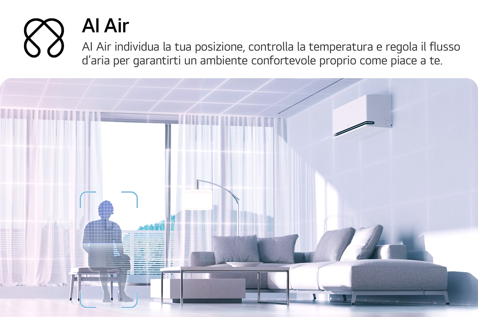 Illustration of LG AI Air technology in a living room with a wall-mounted air conditioner. The system adjusts airflow by sensing room temperature and user location. The accompanying text reads: 'AI Air with radar sensor: AI Air senses room temperature and adjusts airflow based on your location for comfort.'