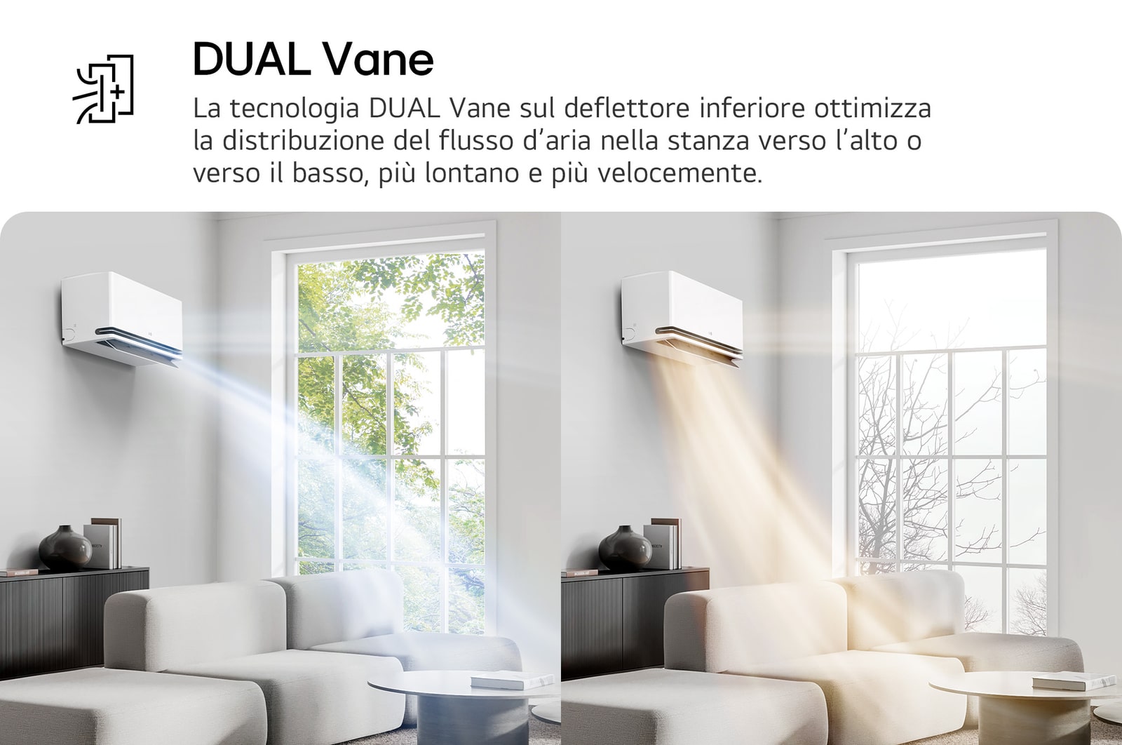 LG Dual Vane air conditioner shown in a living room. Cool air flows upward on the left, warm air downward on the right. The accompanying text reads: 'DUAL Vane spreads airflow up or down, further and faster, for ideal comfort in any season.'