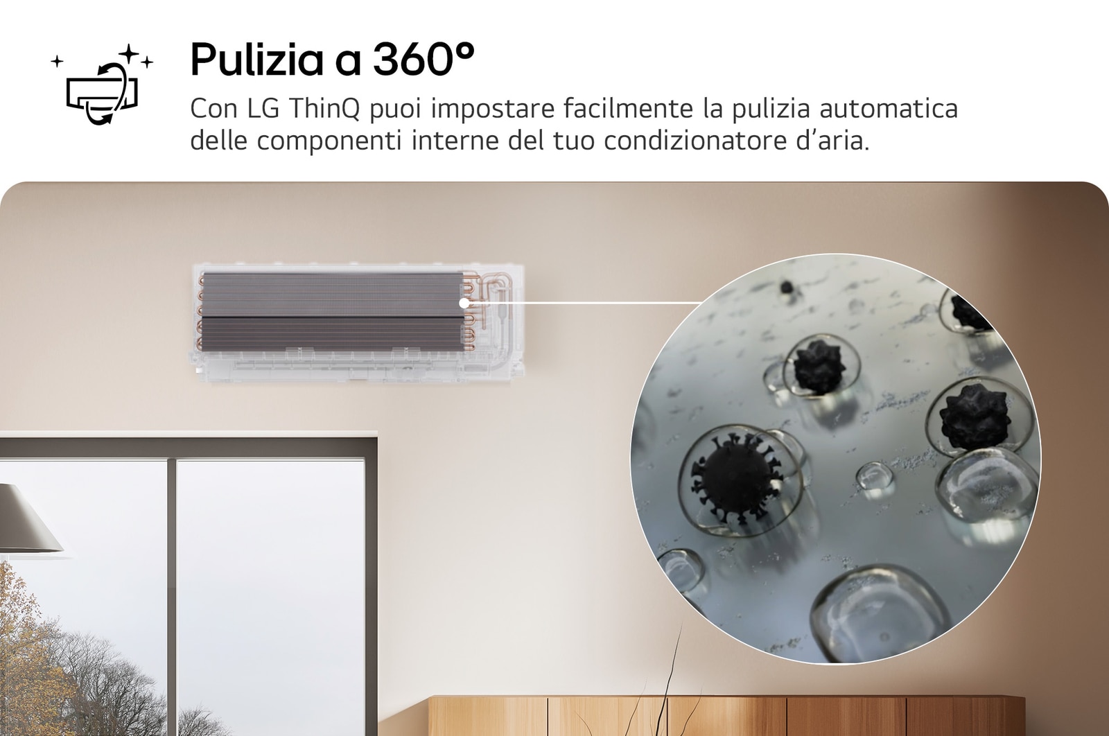 Image showcasing LG air conditioner's All Cleaning feature. The visual highlights the internal cleaning process, with a close-up showing dirt and germs being removed. The text reads: 'All Cleaning. Maintenance is simple with LG ThinQ, even for hard-to-reach areas.'