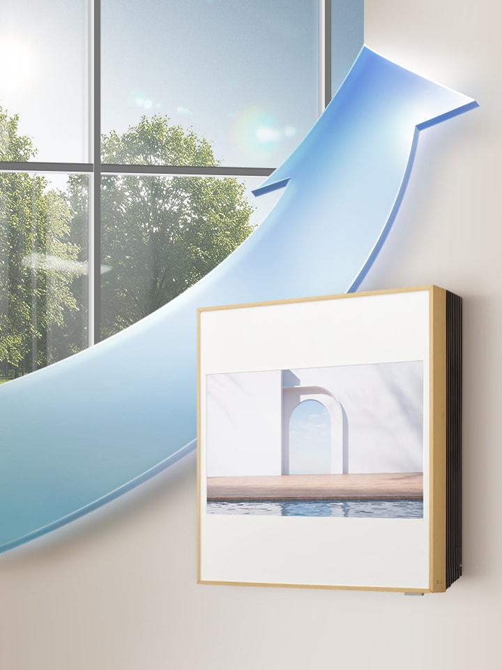 Condizionatore a parete con un flusso d'aria blu, come background una finestra che passa dal giorno alla notte.