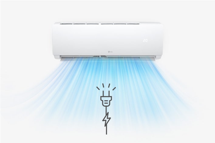 Climatizzatore LG a parete bianco, emette aria blu con display che mostra 20 gradi e un'icona di risparmio energetico.