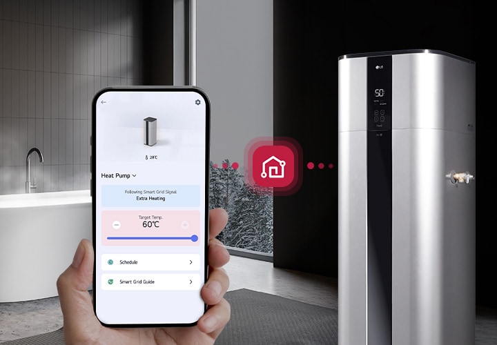 Scaldacqua a pompa di calore LG connesso allo smartphone attraverso app LG ThinQ che mostra la gestione della temperatura dell'acqua e la funzione smart diagnosis.
