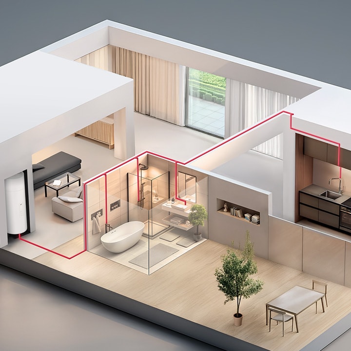 Render 3D dell'interno di una casa che mostra lo scaldacqua LG connesso al bagno, alla cucina per la fornitura di acqua calda.