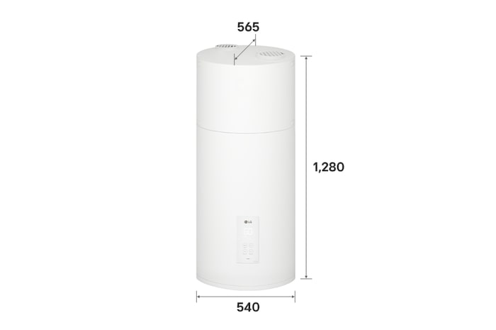 The exterior of the LG Heat Pump Water Heater (WH10ESF0.HA) with dimensions labeled. It measures 540mm × 1,280mm × 565mm.