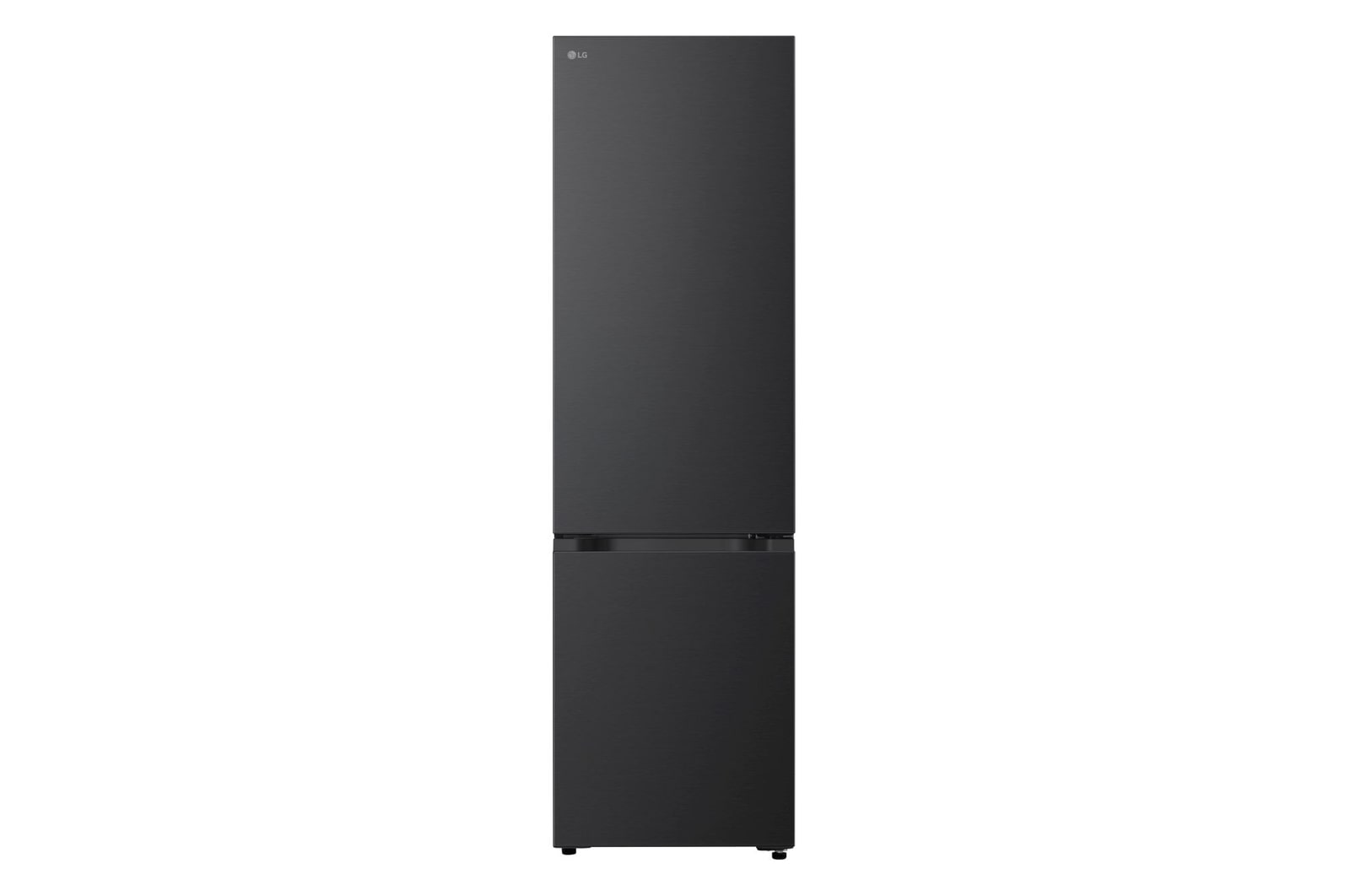 Frigorifero combinato LG GBBS312BEV visto frontalmente, colore nero, con design minimalista e porte lisce.