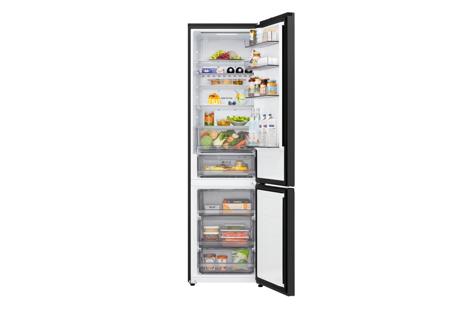 Frigorifero combinato LG GBBS312BEV con porte aperte, che mostra vani interni riempiti con cibi e bevande, inclusi ripiani, cassetti e freezer.