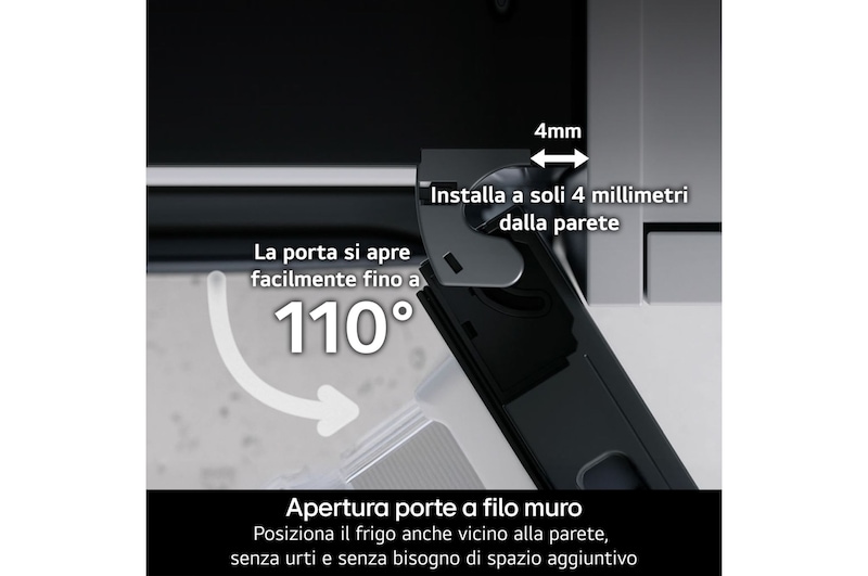 Dettaglio della cerniera del frigorifero LG GBBS312BEV che mostra l’apertura della porta fino a 110° e l’installazione a soli 4 mm dalla parete.