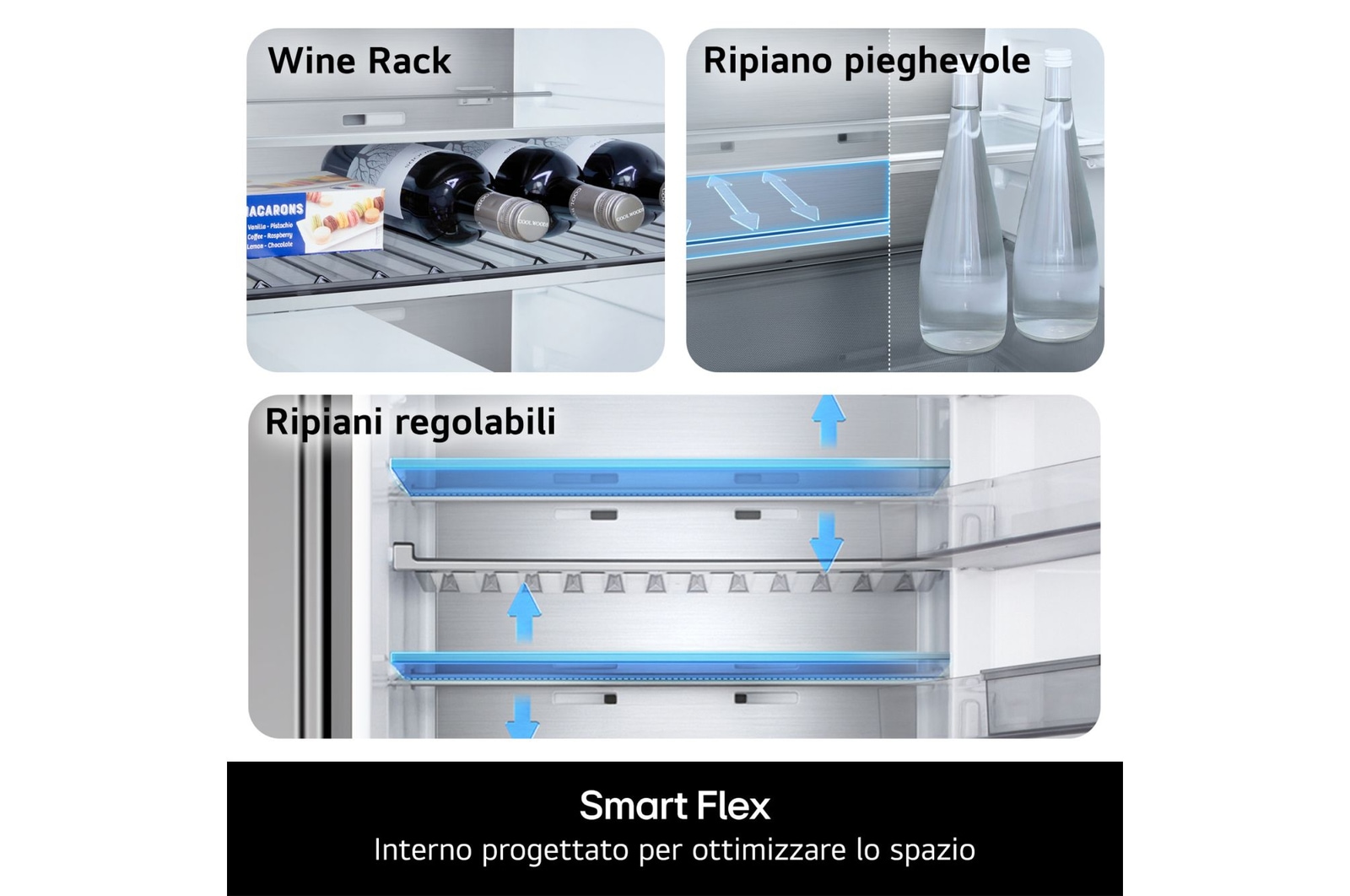 Dettaglio delle funzionalità Smart Flex del frigorifero LG GBBS312BEV, con wine rack, ripiano pieghevole e ripiani regolabili.