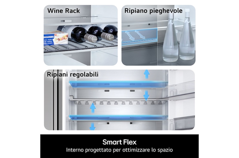 Dettaglio delle funzionalità Smart Flex del frigorifero LG GBBS312BEV, con wine rack, ripiano pieghevole e ripiani regolabili.