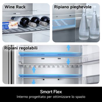 Dettaglio delle funzionalità Smart Flex del frigorifero LG GBBS312BEV, con wine rack, ripiano pieghevole e ripiani regolabili.