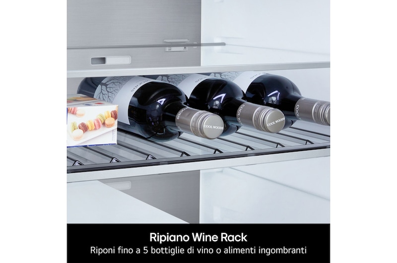Ripiano wine rack del frigorifero LG GBBS312BEV che mostra bottiglie di vino adagiate orizzontalmente su un supporto metallico.