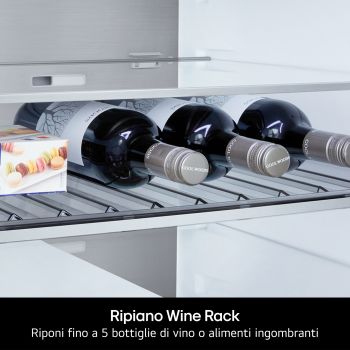 Ripiano wine rack del frigorifero LG GBBS312BEV che mostra bottiglie di vino adagiate orizzontalmente su un supporto metallico.