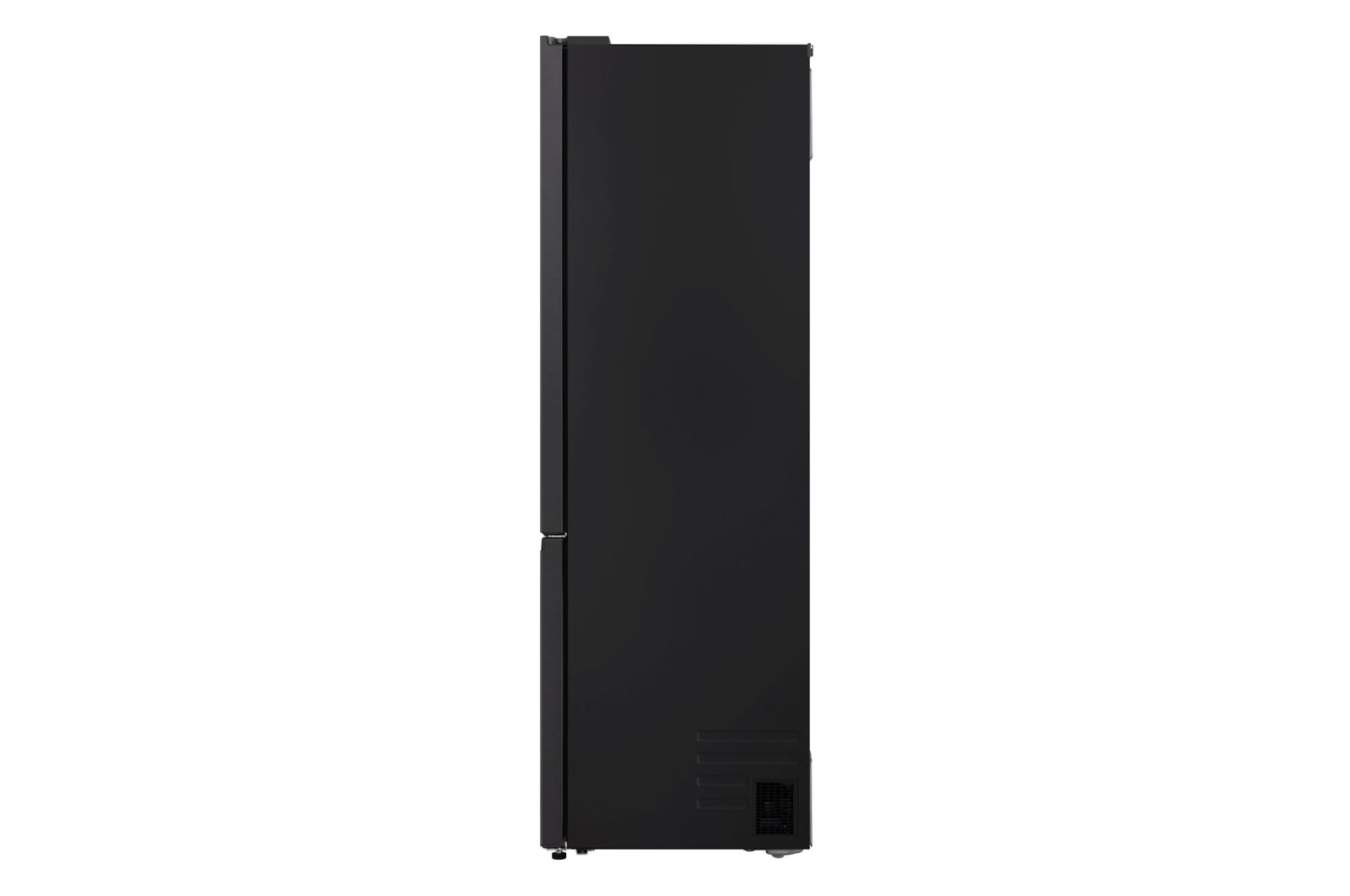 Vista laterale del frigorifero LG GBBS312BEV in colore nero, che mostra il profilo e la profondità dell’elettrodomestico.