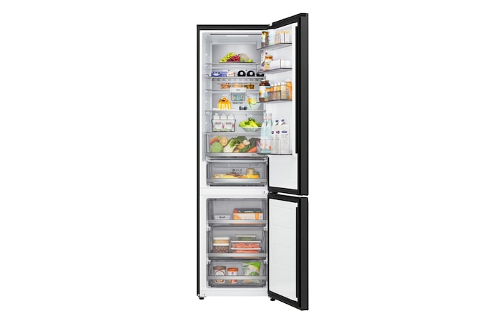 Vista con la porta completamente aperta del frigorifero LG con congelatore inferiore (gbbs726cpy) che mostra gli scomparti del frigorifero e del congelatore LG GBBS726BEV