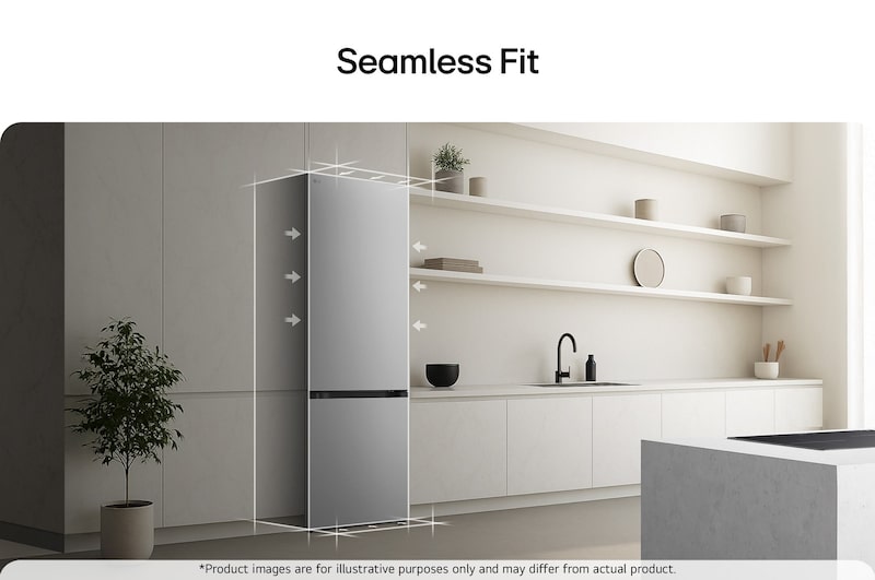 Frigorifero LG con congelatore inferiore (gbbs726cpy) installato a filo dell’alta parete beige caldo con frecce bianche che puntano verso il lato superiore e le superfici anteriori.