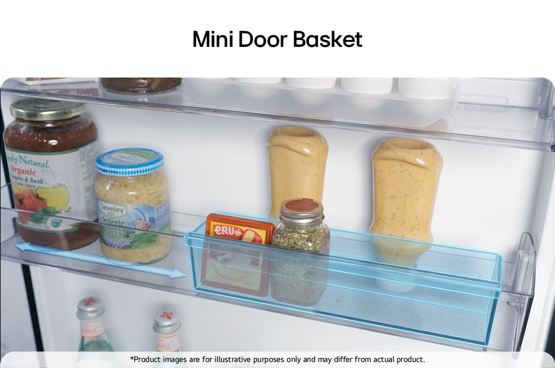 Primo piano del portabottiglie del frigorifero combinato LG (gbbs726cpy) con quattro bottiglie e una scatola di macaron con design a griglia ingrandito in un’immagine circolare.