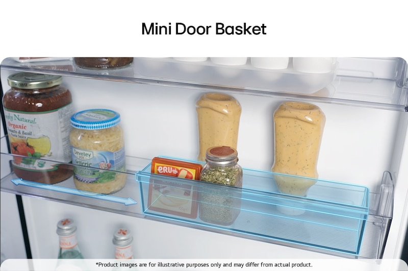 Primo piano del portabottiglie del frigorifero combinato LG (gbbs726cpy) con quattro bottiglie e una scatola di macaron con design a griglia ingrandito in un’immagine circolare.