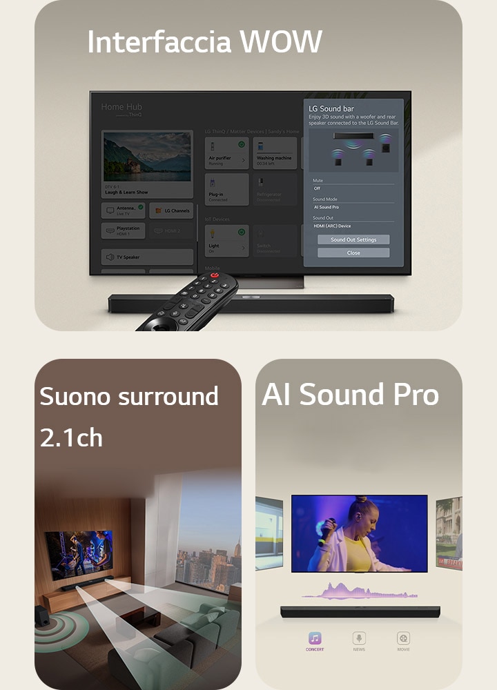 Il telecomando LG è puntato verso una LG TV con una LG Soundbar al di sotto. La TV LG mostra sullo schermo il menu dell’interfaccia WOW.  La LG Soundbar, la LG TV e il subwoofer si trovano in un salotto e sullo schermo viene visualizzata un’immagine mentre viene riprodotto un brano musicale. Due rami di onde sonore bianche composte da goccioline si proiettano dalla soundbar e un subwoofer crea un effetto sonoro dal basso.  LG Soundbar con tre diversi schermi TV al di sopra. Uno mostra un film, uno un concerto e l’altro un notiziario. Sotto la soundbar sono presenti tre icone che indicano ciascun genere.