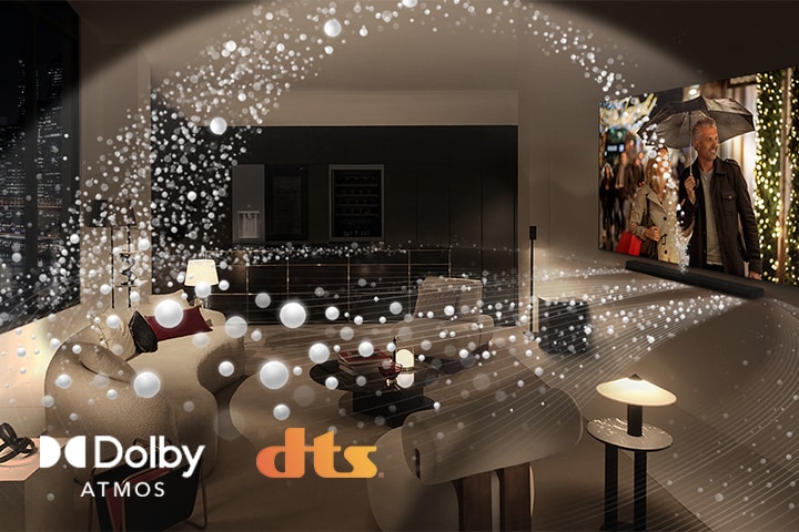 Un film viene riprodotto su un TV OLED LG e su una soundbar LG in un moderno appartamento di città con vista laterale. Perline bianche raffiguranti onde sonore si proiettano verso l'alto e verso il basso dalla soundbar e dalla TV, creando una cupola sonora nello spazio. Logo Dolby Atmos Logo DTS X
