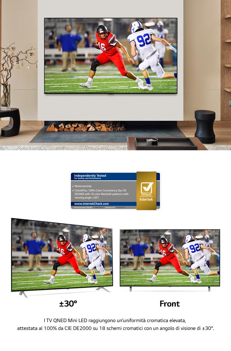 TV a parete in un interno moderno che mostra una partita di calcio con colori vivaci e intensi. Due TV LG QNED MiniLED fianco a fianco. Sullo schermo si vede una partita di calcio da un angolo visivo centrato e decentrato. L’immagine resta sempre vivida e precisa da entrambe le angolazioni.