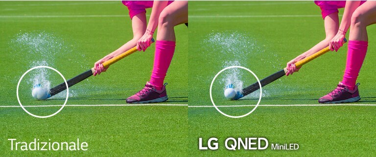 Due immagini identiche di un giocatore di hockey che colpisce la palla su un campo impregnato d'acqua. L'immagine di sinistra mostra come si vedrebbe su un TV LCD convenzionale e quella di destra su LG QNED MiniLED.