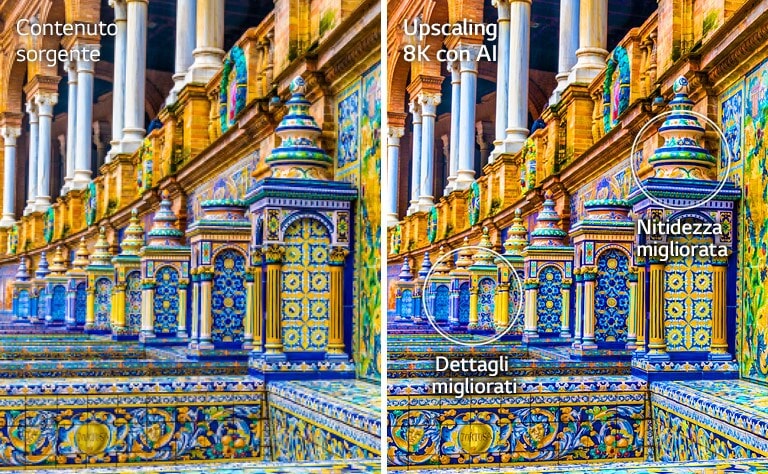 Immagini affiancate di un edificio a mosaico dai colori vivaci. La destra mostra l'originale e la destra mostra l'immagine dopo l'upscaling con intelligenza artificiale 8K con dettagli e nitidezza migliorati.