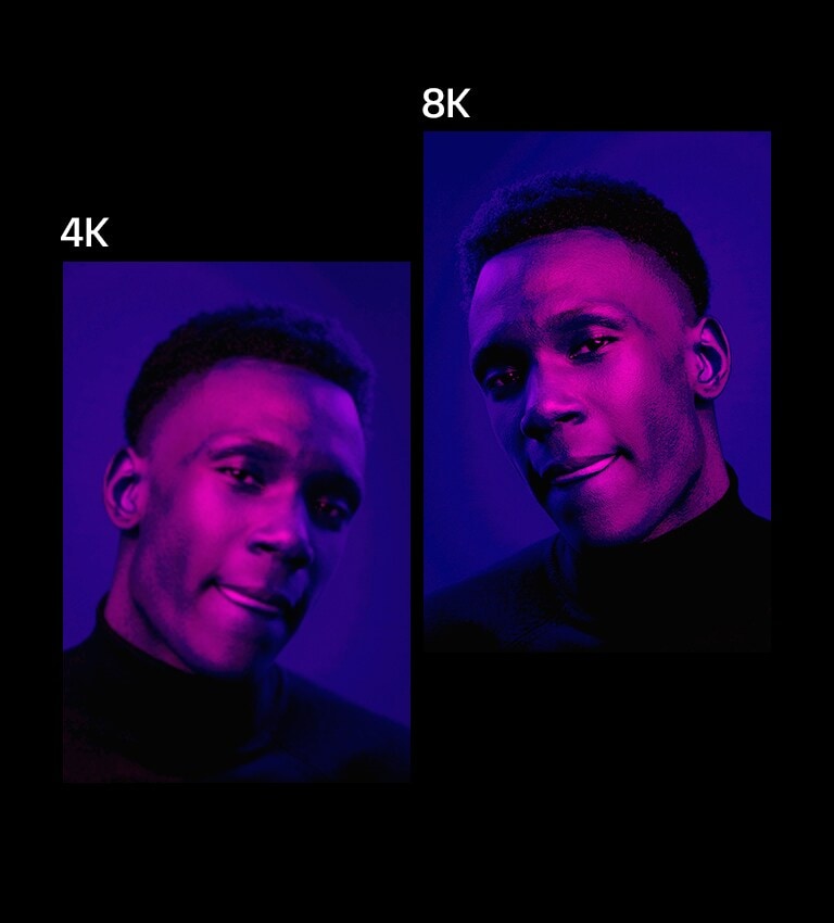 Sulla destra appare l’immagine del primo piano del viso di un uomo con un’illuminazione viola su cui è mostrato il testo 8K. È molto nitida. Sulla sinistra c’è la stessa immagine, ma meno nitida, su cui è mostrato il testo 2K. L’immagine diventa un po’ più nitida e il testo passa a 4K.