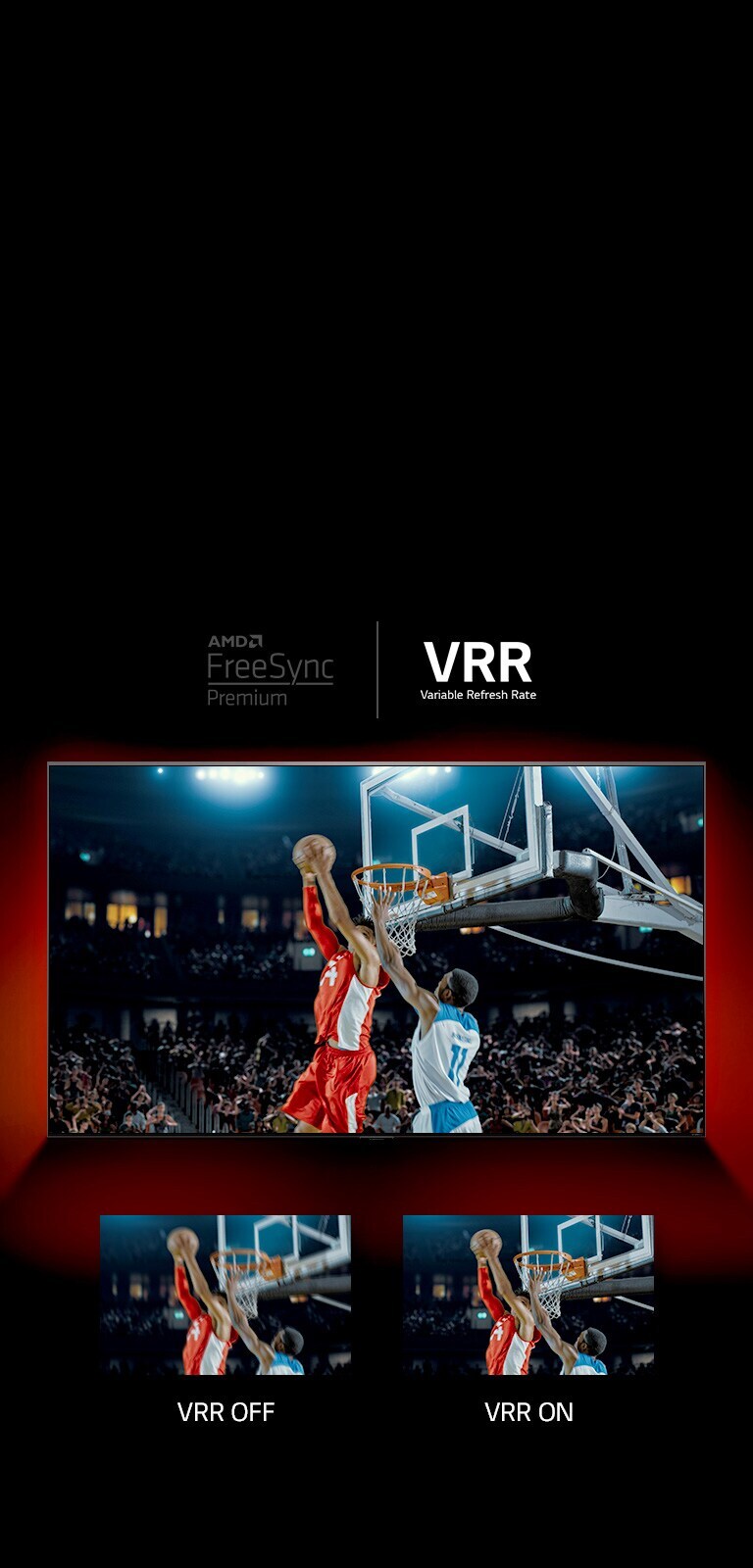 There is QNED TV standing in front of red wall – inscreen image shows a basketball game with two players playing game. Right below, there are two boxes of image. On left says VRR OFF and shows a blurry image of the same image and on the right says VRR ON and shows the same image.