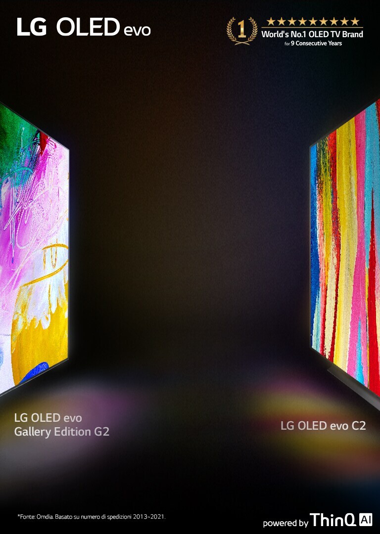 LG OLED C2 ir LG OLED G2 „Gallery Edition“ vaizdas iš šono. Televizoriai atsukti vienas į kitą tamsioje patalpoje, ekranuose rodomi ryškūs, spalvoti meno kūriniai.