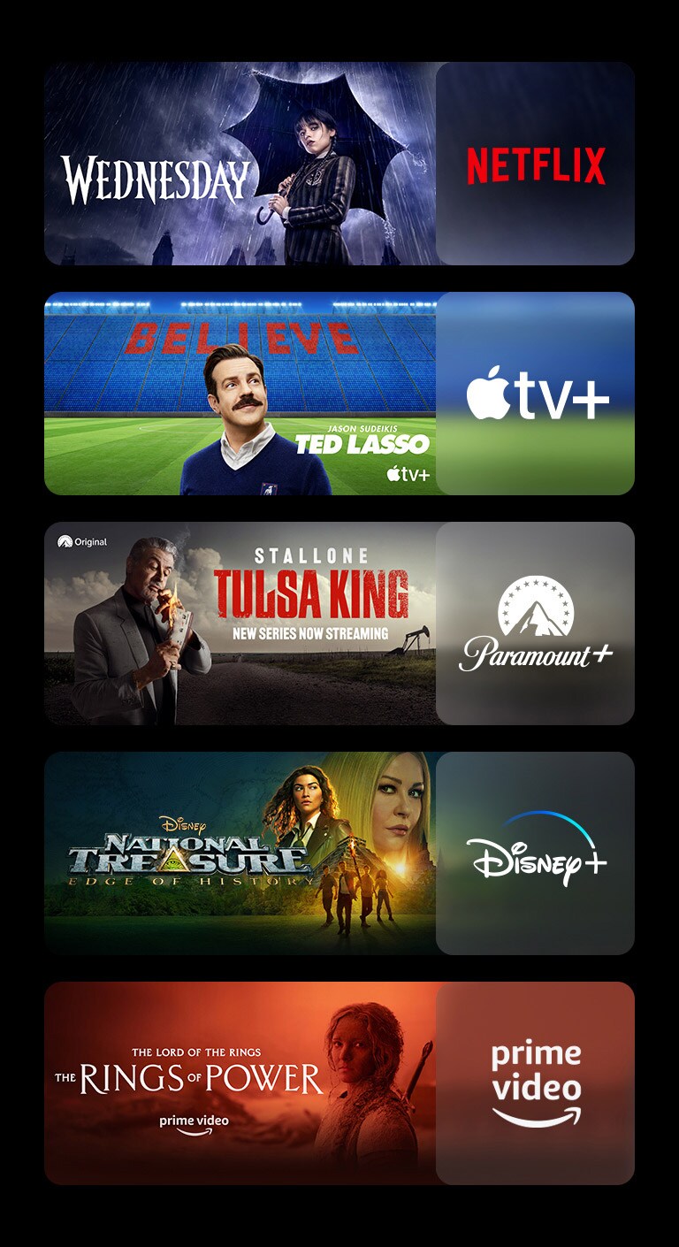 Appaiono cinque riquadri di immagini, ciascuno dei quali mostra il logo di una piattaforma di streaming con immagini di contenuti. Logo Netflix con Mercoledì, logo Apple TV+ con Ted lasso, logo Paramount + con Tulsa king, logo Disney+ con National treasure, logo Prime video con Il Signore degli Anelli – Gli Anelli del Potere.