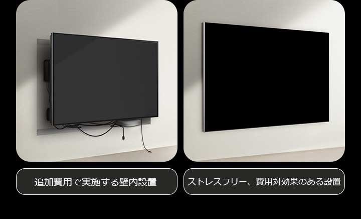 有線接続されたTVとLGトゥルーワイヤレスTVの設置に関する横並び比較。有線接続されたTV側では、TVの背後にある様々なデバイスをすべて隠すために追加工事が必要であるように見えます。複雑なセットアップと配線が隠しきれていない。追加費用で実施する壁内設置とラベルに書かれている。LGトゥルーワイヤレス側では、TVがすっきりと壁にかけられている。目に見える配線やデバイスはない。ストレスフリーで費用対効果のある設置とラベルに書かれている。