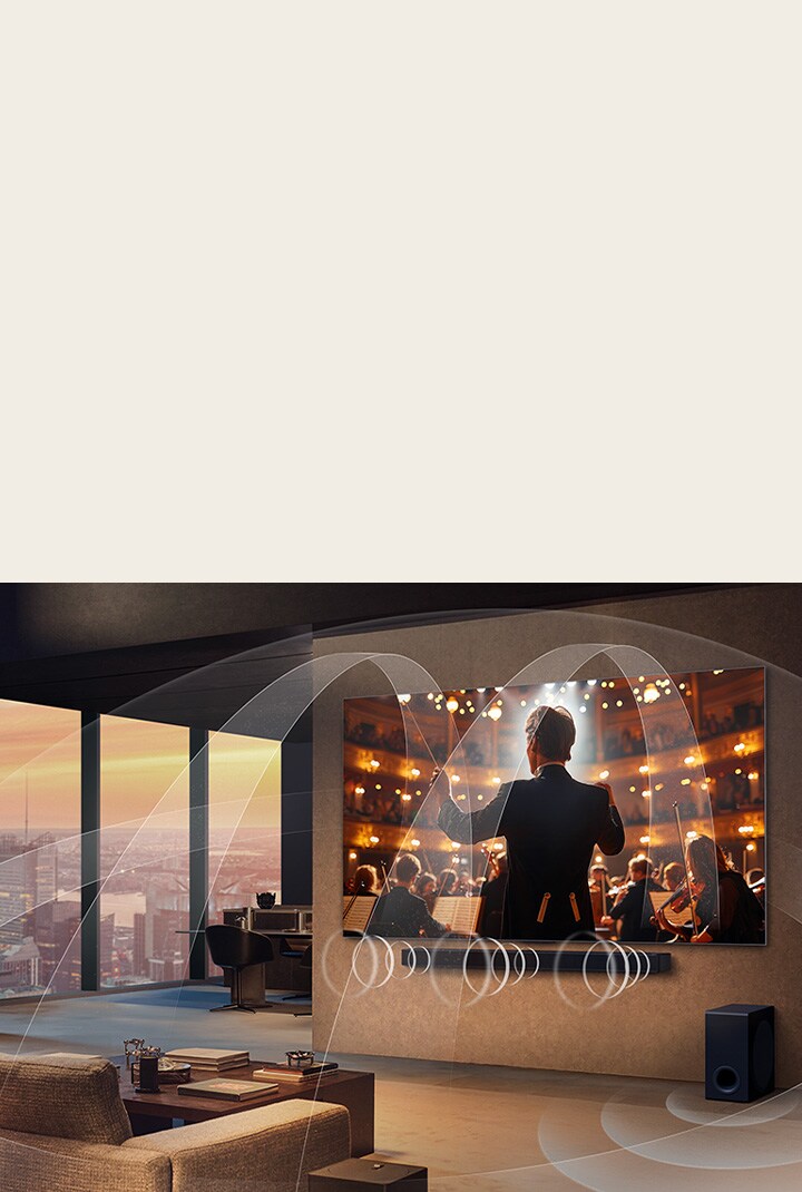LG OLED TVとLG Soundbarがあるリビングルーム。両方のデバイスがマルチサラウンドサウンドで空間を満たすことを、グラフィックが表している。